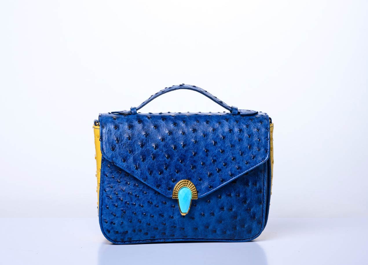 Riviere Handbag, Dark Blue and Yellow Ostrich